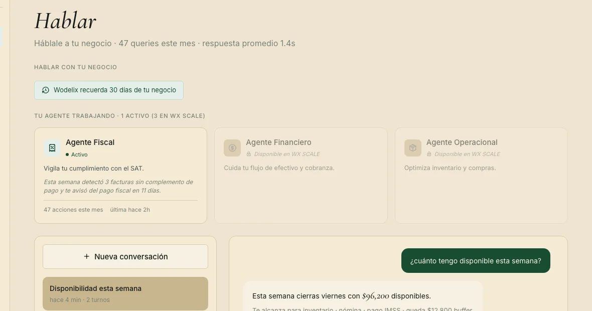 Chat de Wodelix mostrando los tres agentes y el inicio de la conversación