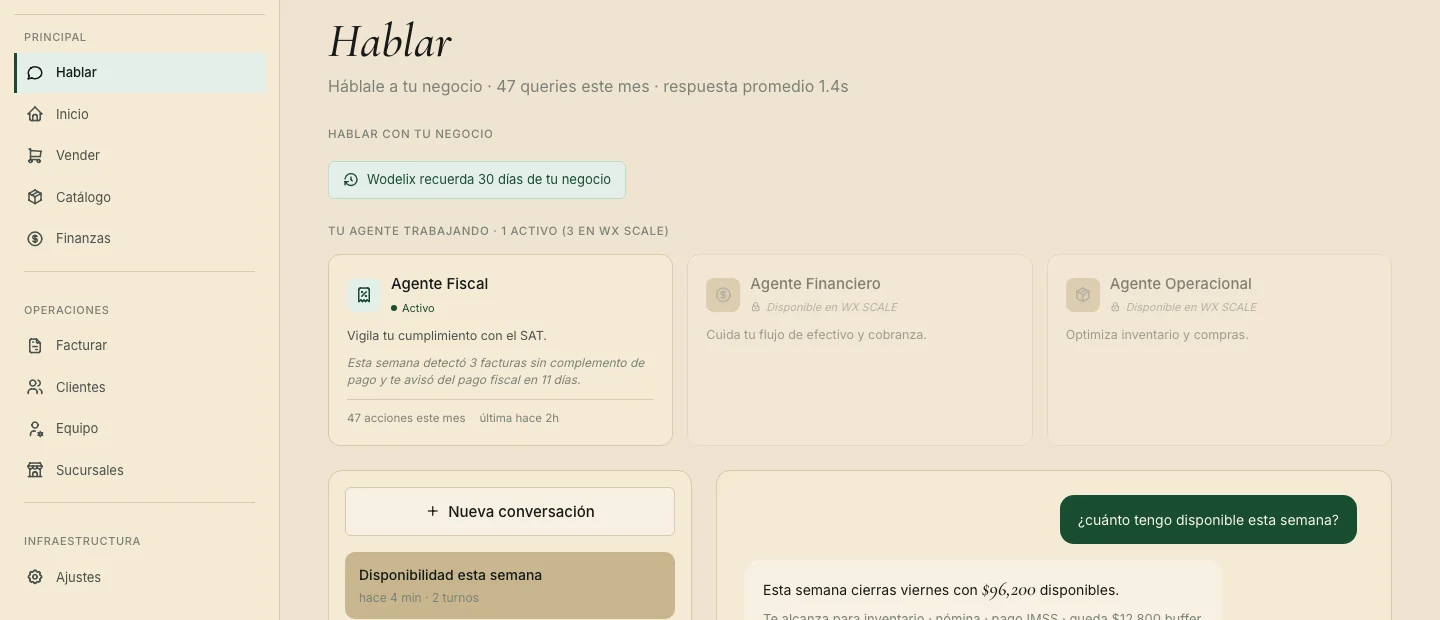 Chat de Wodelix mostrando tres agentes (Fiscal activo, Financiero y Operacional disponibles en POWER) y una conversación resolviendo qué producto reordenar primero