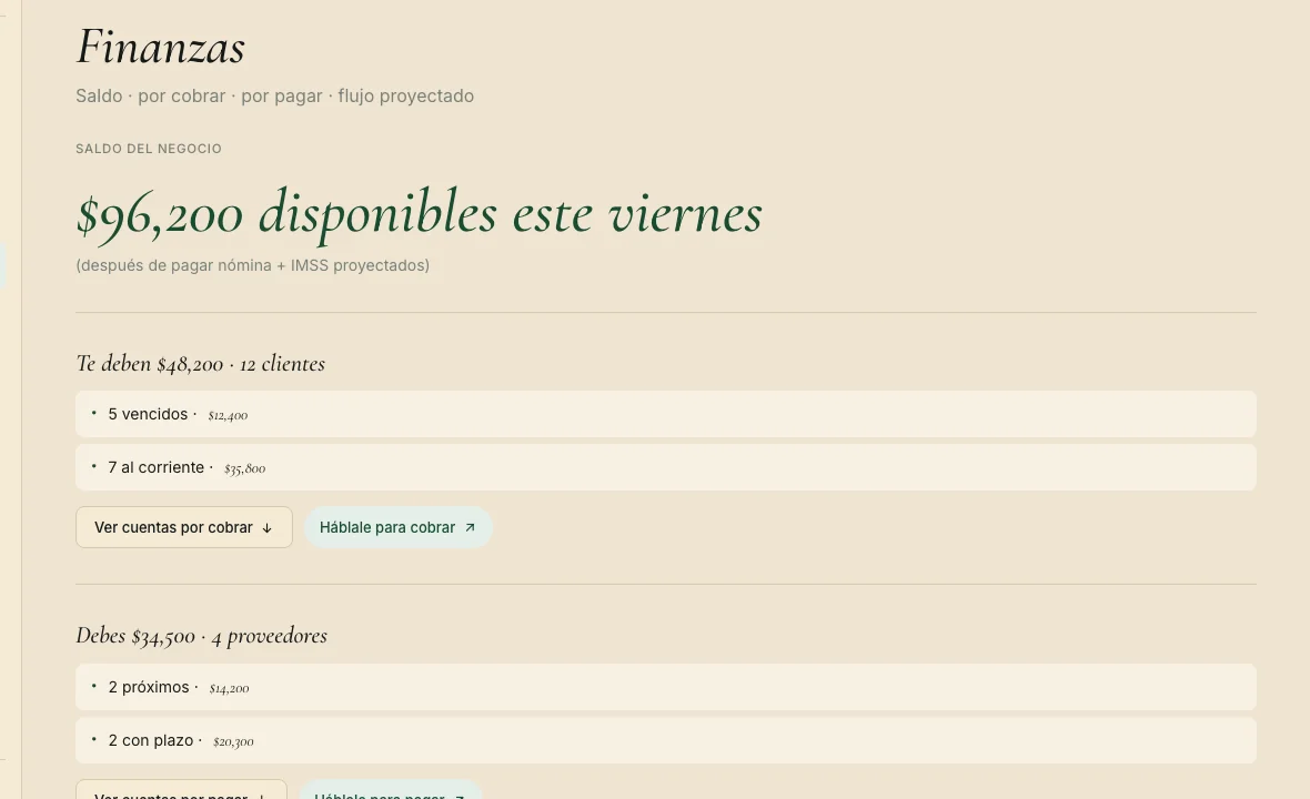 Pantalla de Finanzas en Wodelix mostrando saldo disponible, cuentas por cobrar y por pagar